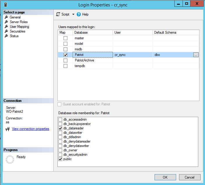 SQL user configuration
