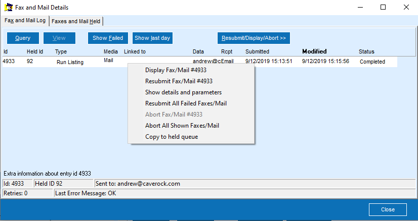 Fax and Mail Log